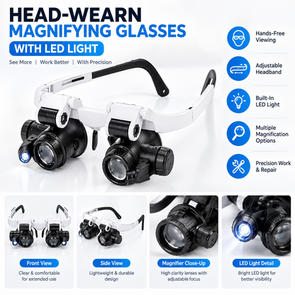 Head Wearing Magnifying Glass with LED Light Headband